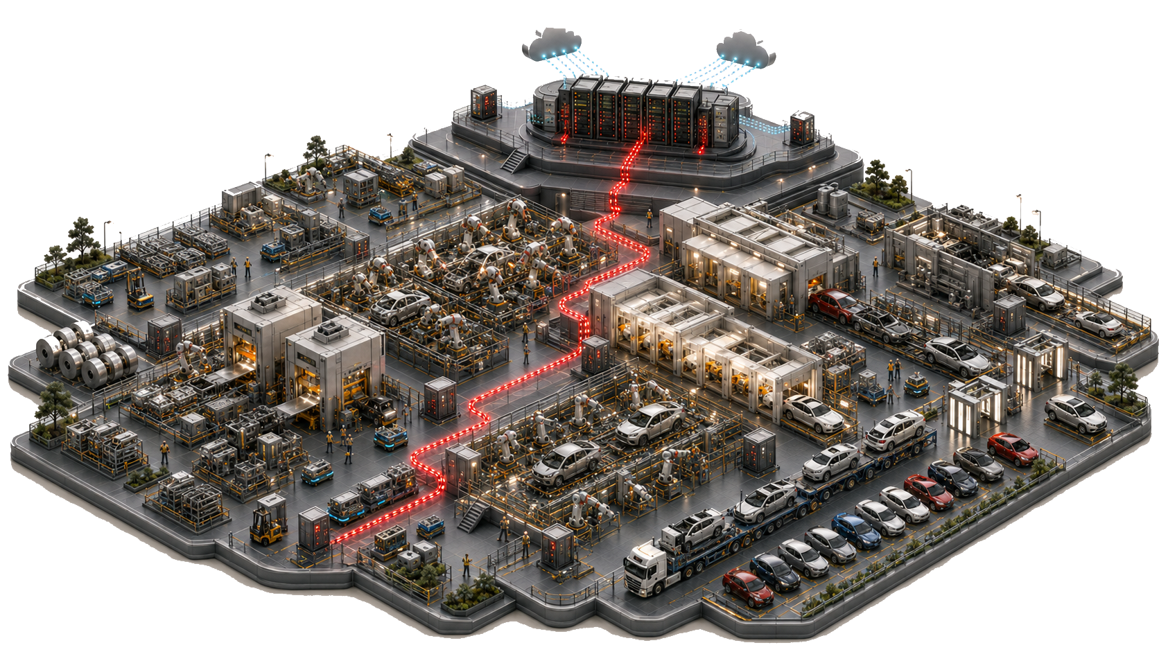 Isometric vehicle assembly plant — press shop, body weld, paint, final assembly and vehicle despatch — with a data path running up to an elevated DMZ platform and on to the cloud.