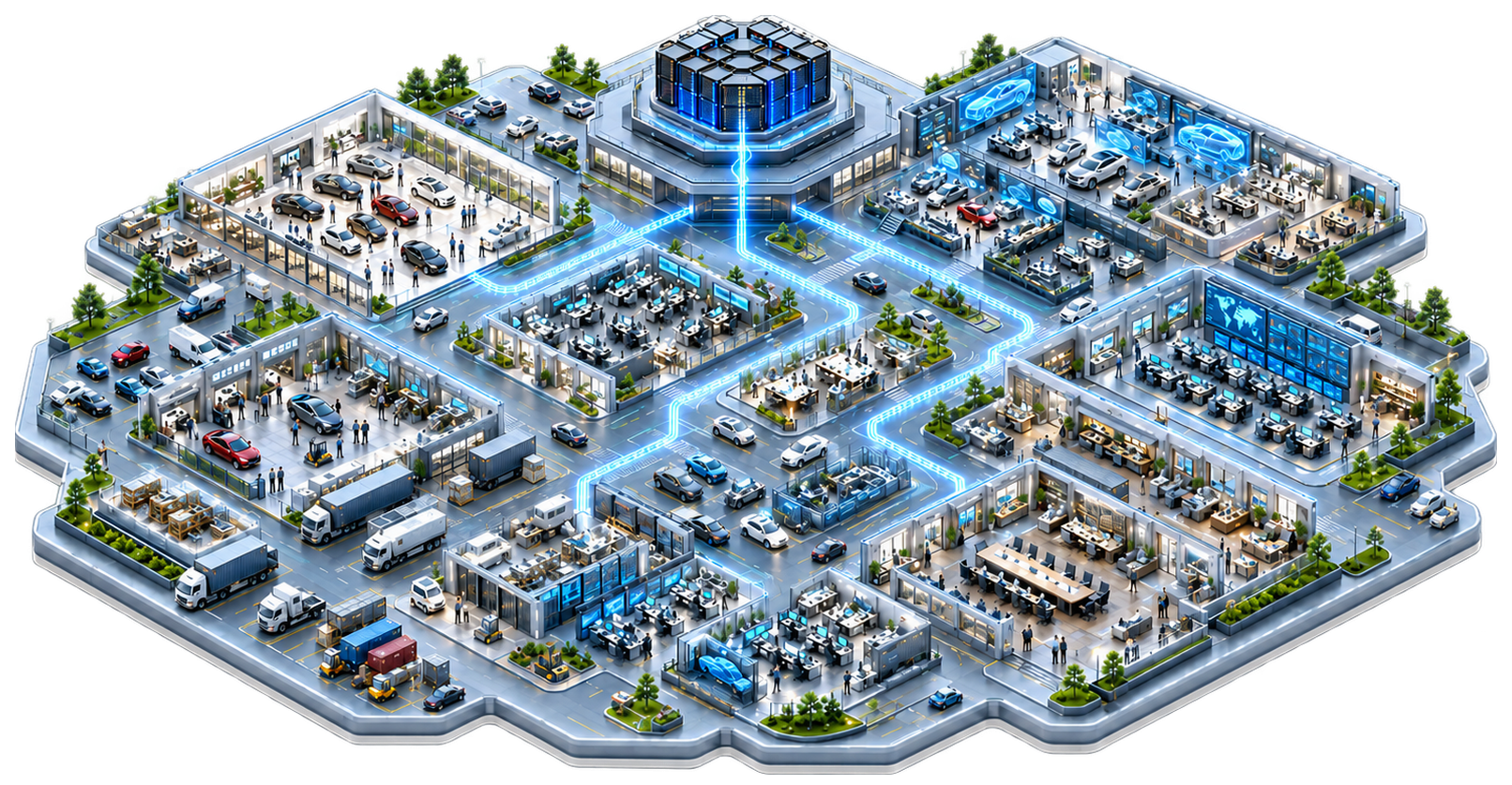 Isometric campus of the automotive enterprise: showroom, engineering studio,
                  planning floor, operations command wall, service centre, logistics yard,
                  IT operations and boardroom, linked by glowing routes to a central data core.