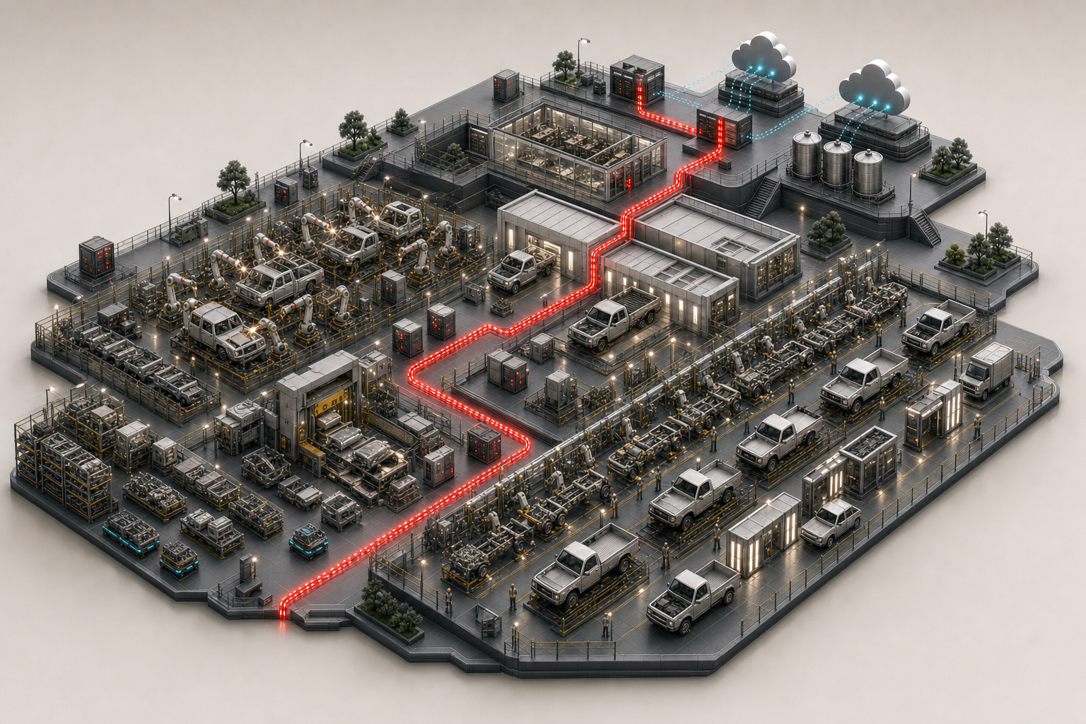 Isometric white-label pickup and light-commercial vehicle plant with inbound logistics, stamping, cab welding, paint, final assembly and inspection connected through shop edge, plant core, industrial DMZ, unified data layer and cloud infrastructure