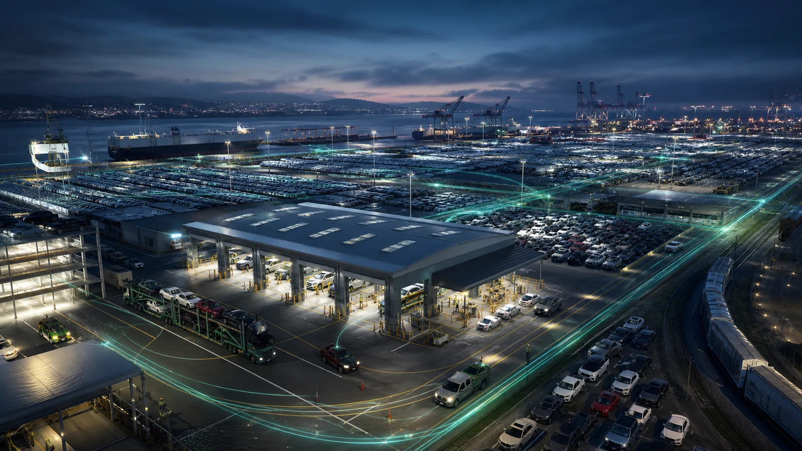 Finished vehicle distribution yard with release bays, transporters, rail and export port