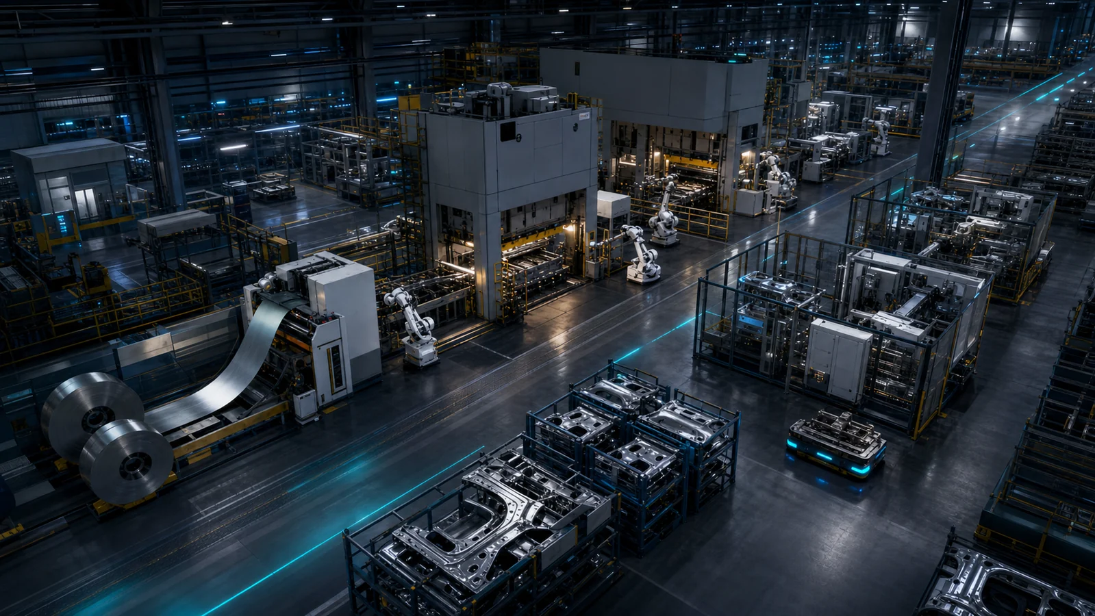 Automotive component factory with coil feed, stamping presses, robotics and chassis parts