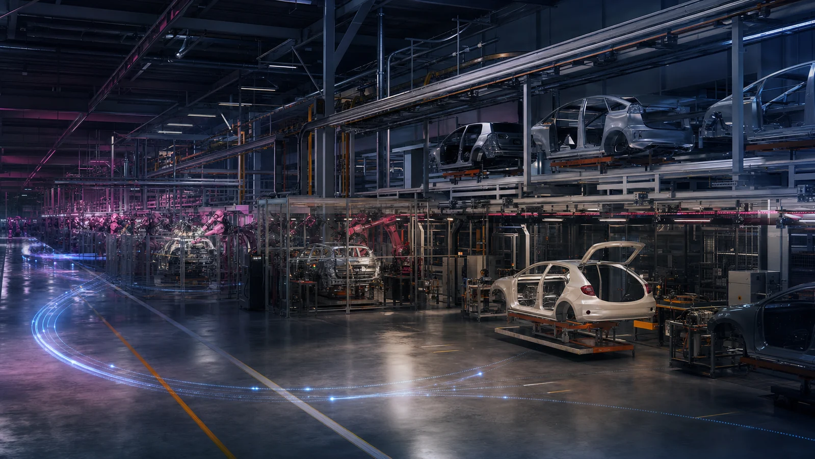 Passenger vehicle assembly factory with robotic body shop and overhead conveyors
