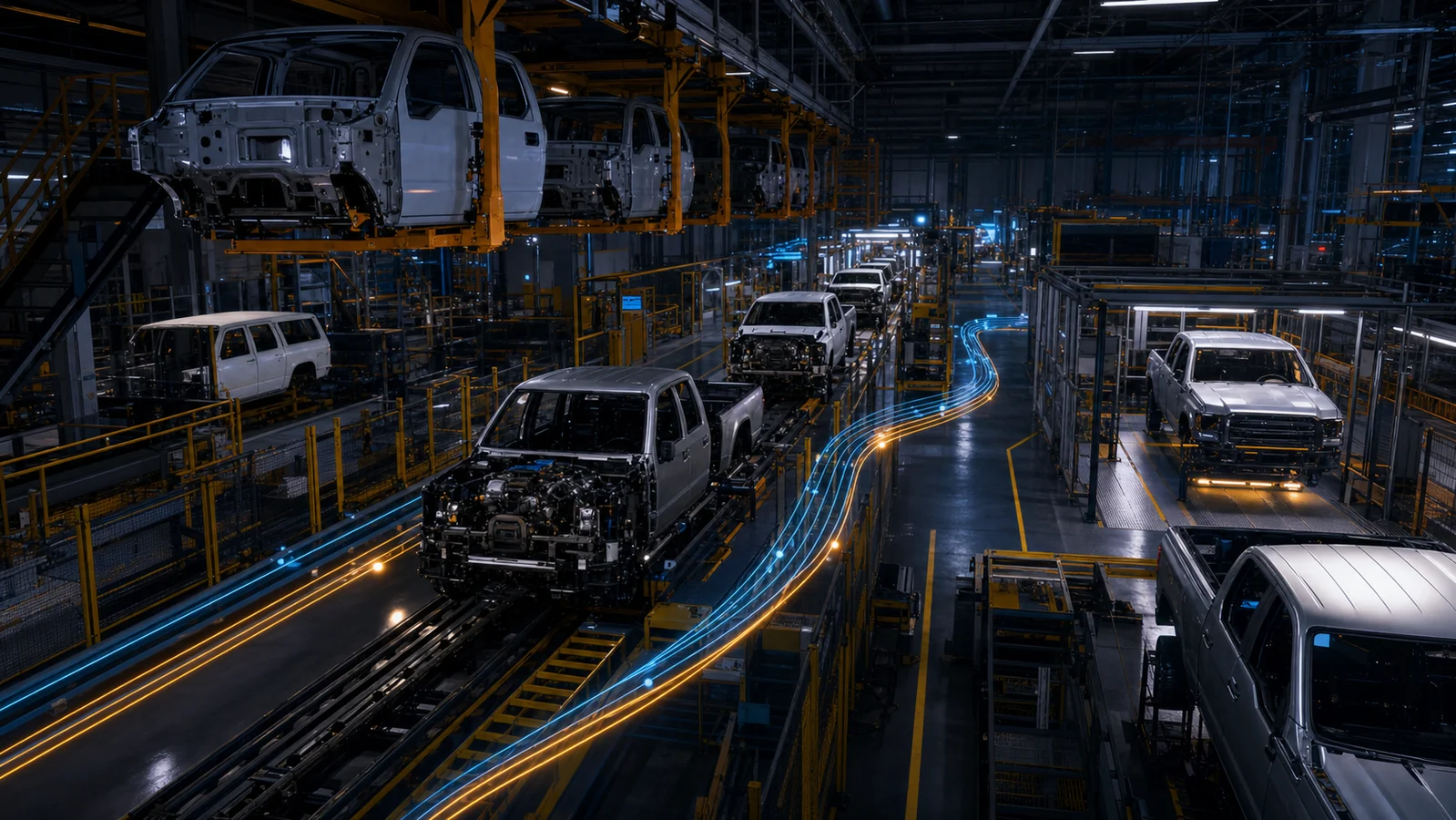 Commercial vehicle assembly factory producing pickup trucks on a high-mix line